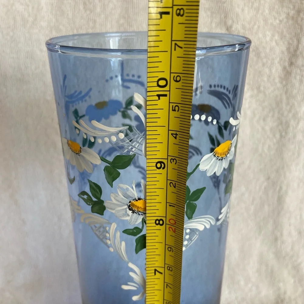 🖤 Hand Painted Tall Blue Glass Vase Daisy Floral Artist assigned L. Lavieri